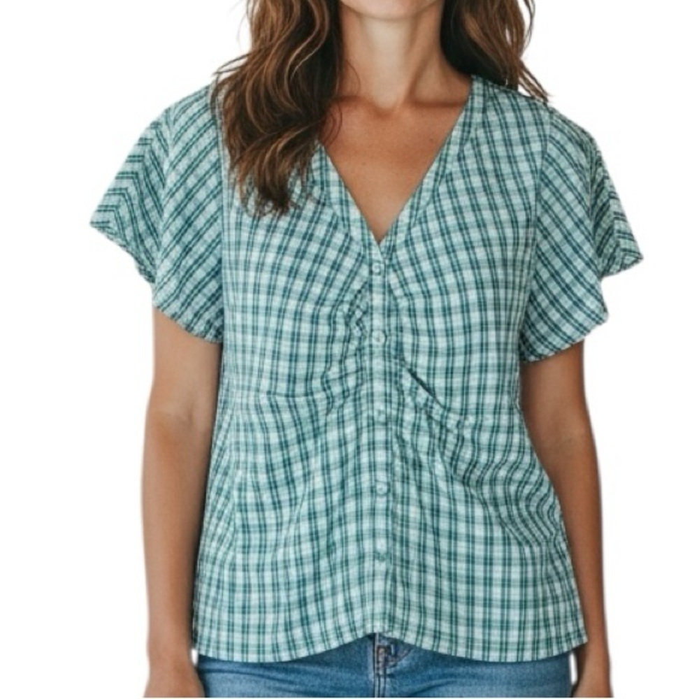 NWT MADEWELL Plaid Short Sleeve V-Neck Button Front Lightweight Top Size Large